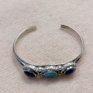 Sterling silver, turquoise, and lapis lazuli three-stone cuff bracelet